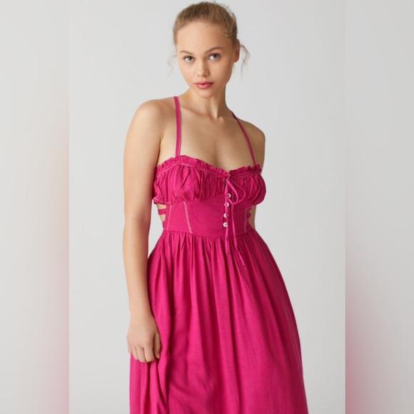 Urban Outfitters Cora Linen Open Back Midi Dress Pink Rose NEW Medium - Picture 2 of 5